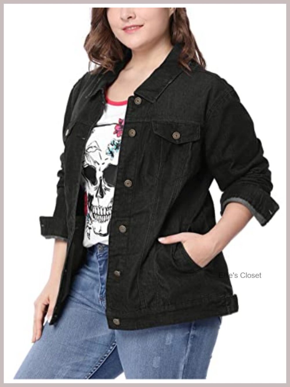 Plus Size Button Stitching Washed Denim Jacket Long Sleeve Casual